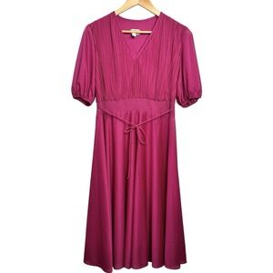 Vintage Samuel Blue Dress Size 6 Pink Purple Pleated Midi Puff Sleeve 70's